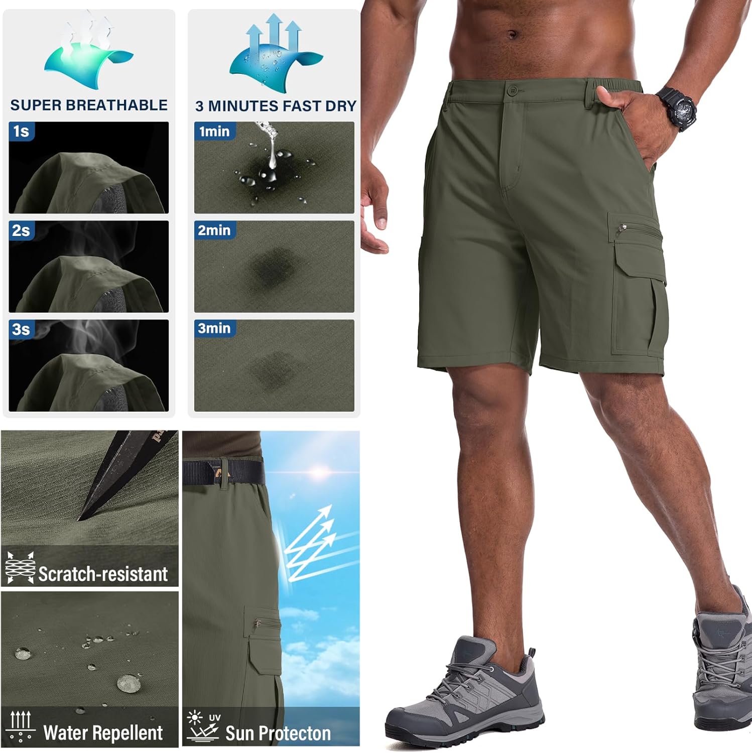 Thumbnail 5 de Jessie Kidden Mens Outdoor Casual Expandable Waist Lightweight Water Resistant Quick Dry Fishing & Hiking Shorts