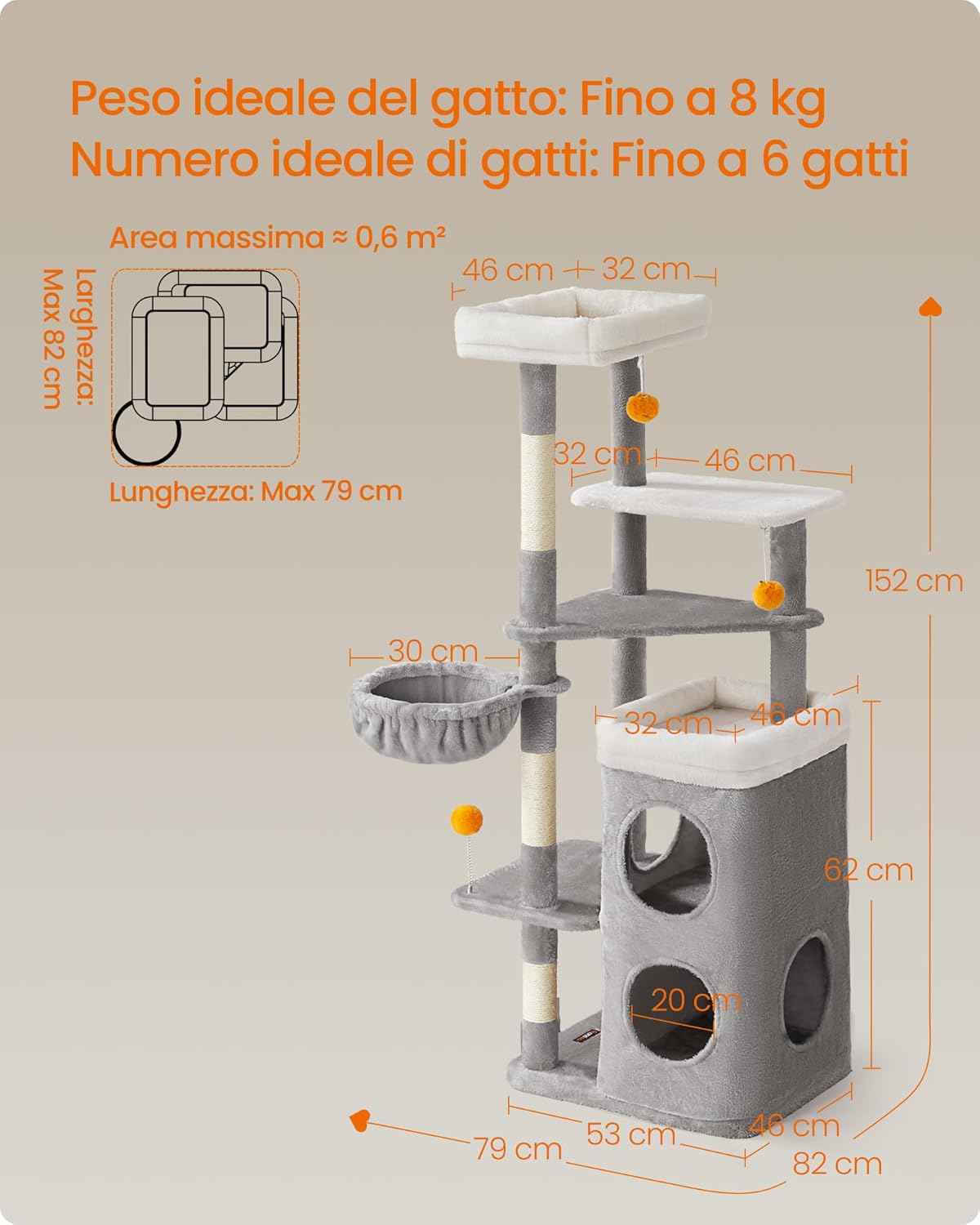 Thumbnail 6 de Feandrea Albero per Gatti Alto 152 cm – Tiragraffi multi-livelli grigio tortora (PCT007G01)