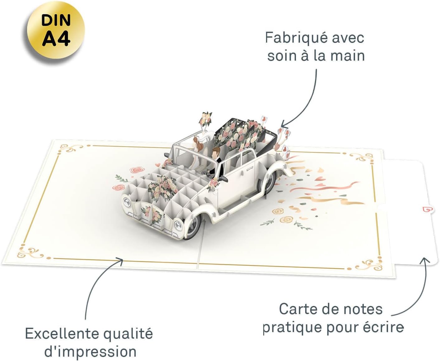 Thumbnail 1 de papercrush® Carte pop-up XXL A4 pour mariage avec voiture de mariés (carte de vœux 3D)