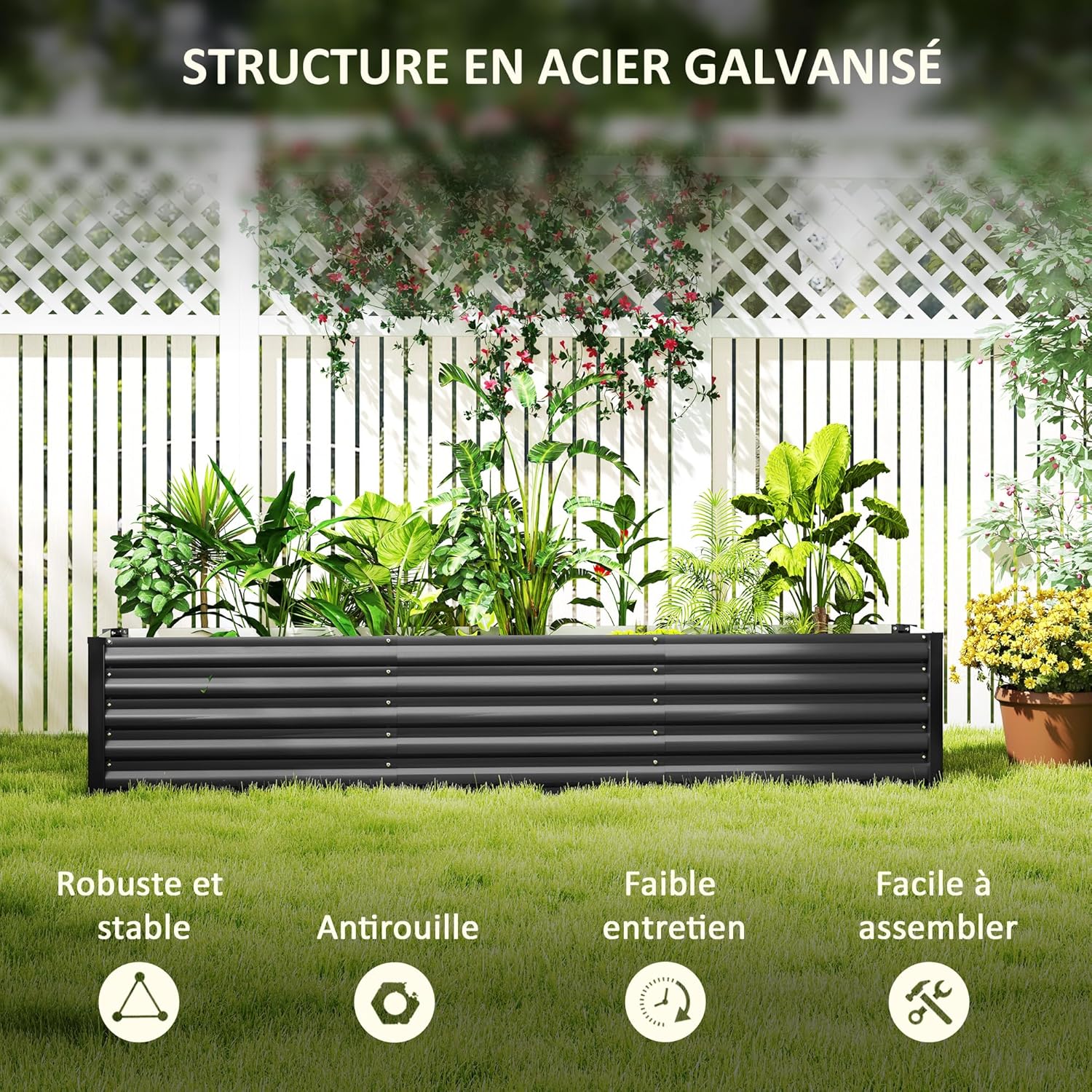 Thumbnail 3 de Outsunny Carré Potager surélevé en acier galvanisé 240 x 40 x 45 cm — fond ouvert, stabilité renforcée