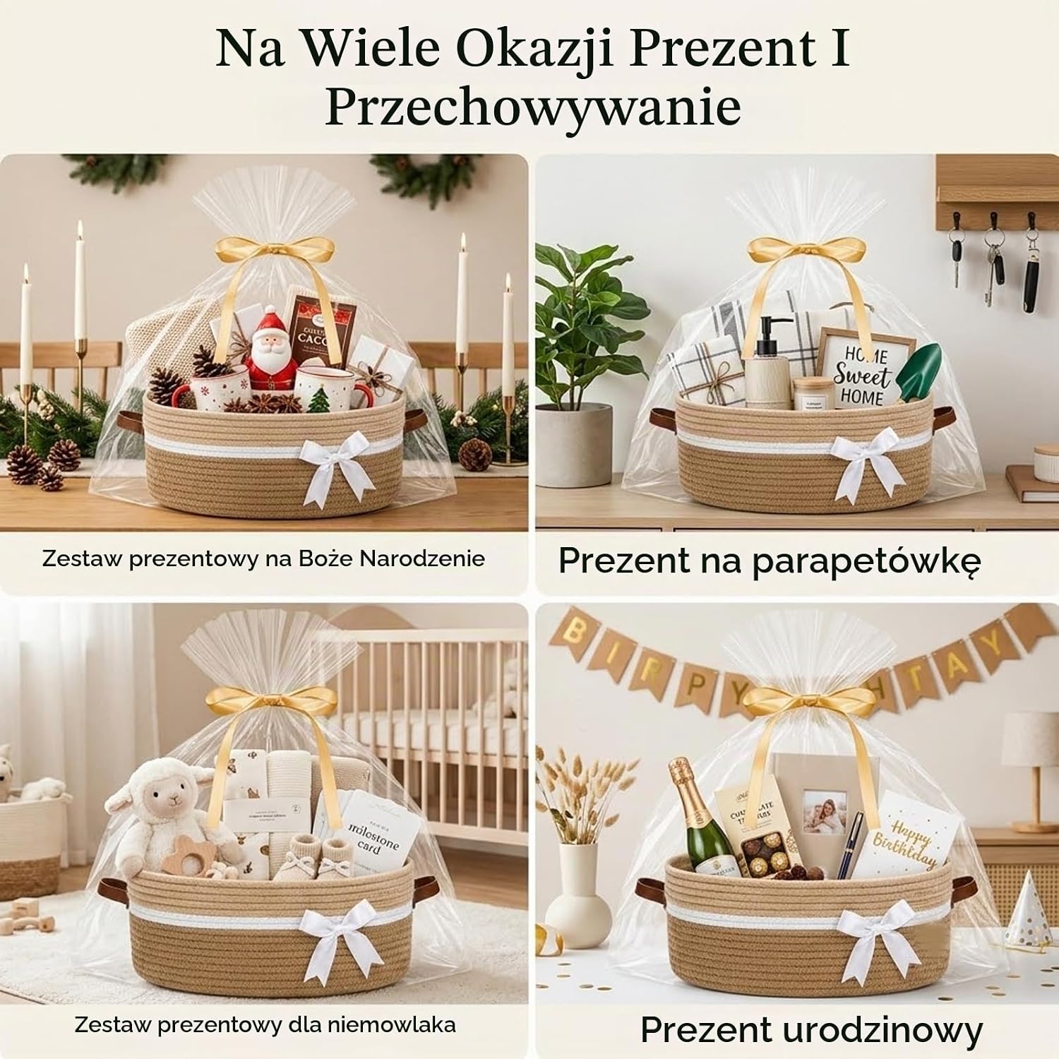 Detalle de Brizuf kosz prezentowy z bawełnianego sznurka, khaki, 35,5 × 25,5 × 14 cm