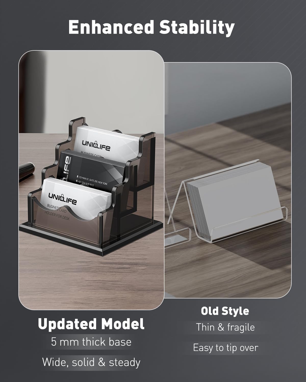 Detalle 2 de Uniclife Porte-cartes d'affaires en acrylique — 3 fentes, 180 cartes, design gris fumé