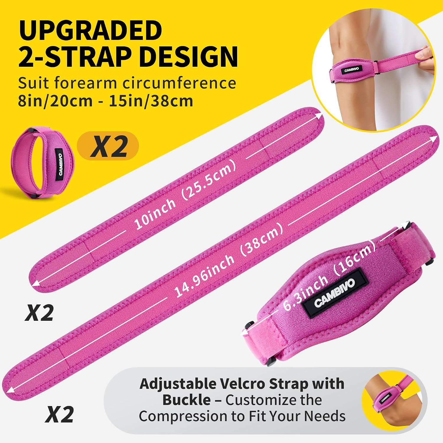 Thumbnail 1 de CAMBIVO 2 Pack Tennis Elbow Support Strap – Adjustable Elbow Brace for Tennis Elbow and Golfer’s Elbow (Rose Pink)