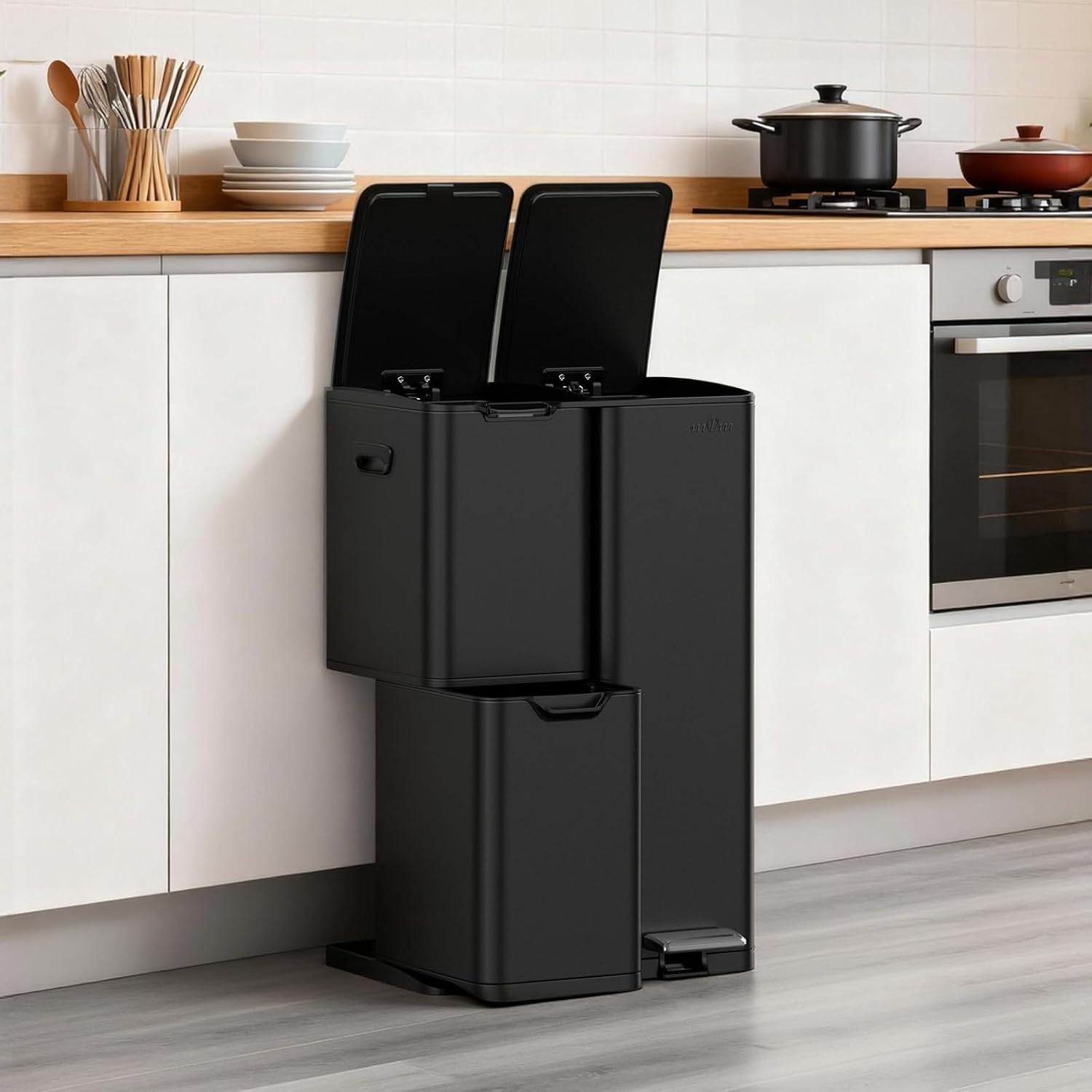 Thumbnail 6 de mVm 3-Compartment Kitchen Trash Can, 16-Gallon Black Stainless Steel