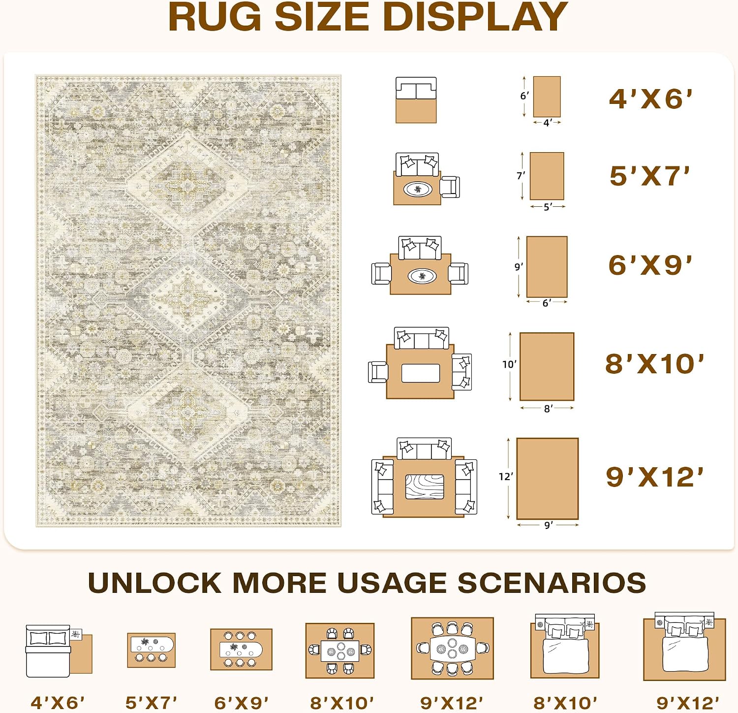Detalle de LIVELYGLOW 8x10 Retro Vintage Area Rug, Gray Beige, Washable and Non-Slip