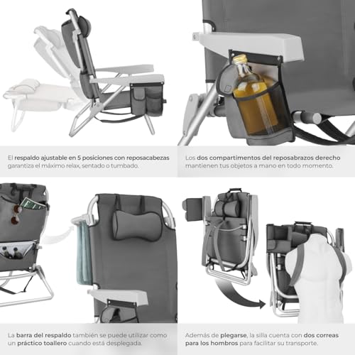 Thumbnail 5 de tectake Silla Playa Plegable con Respaldo Ajustable y Bolsa Térmica – 1 Unidad, Gris