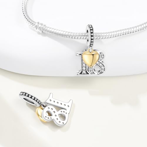 Detalle 2 de PANPOKI Zahl Charm für Armband & Halskette – Sterling Silber 925 mit Zirkon & 18K vergoldetem Herz