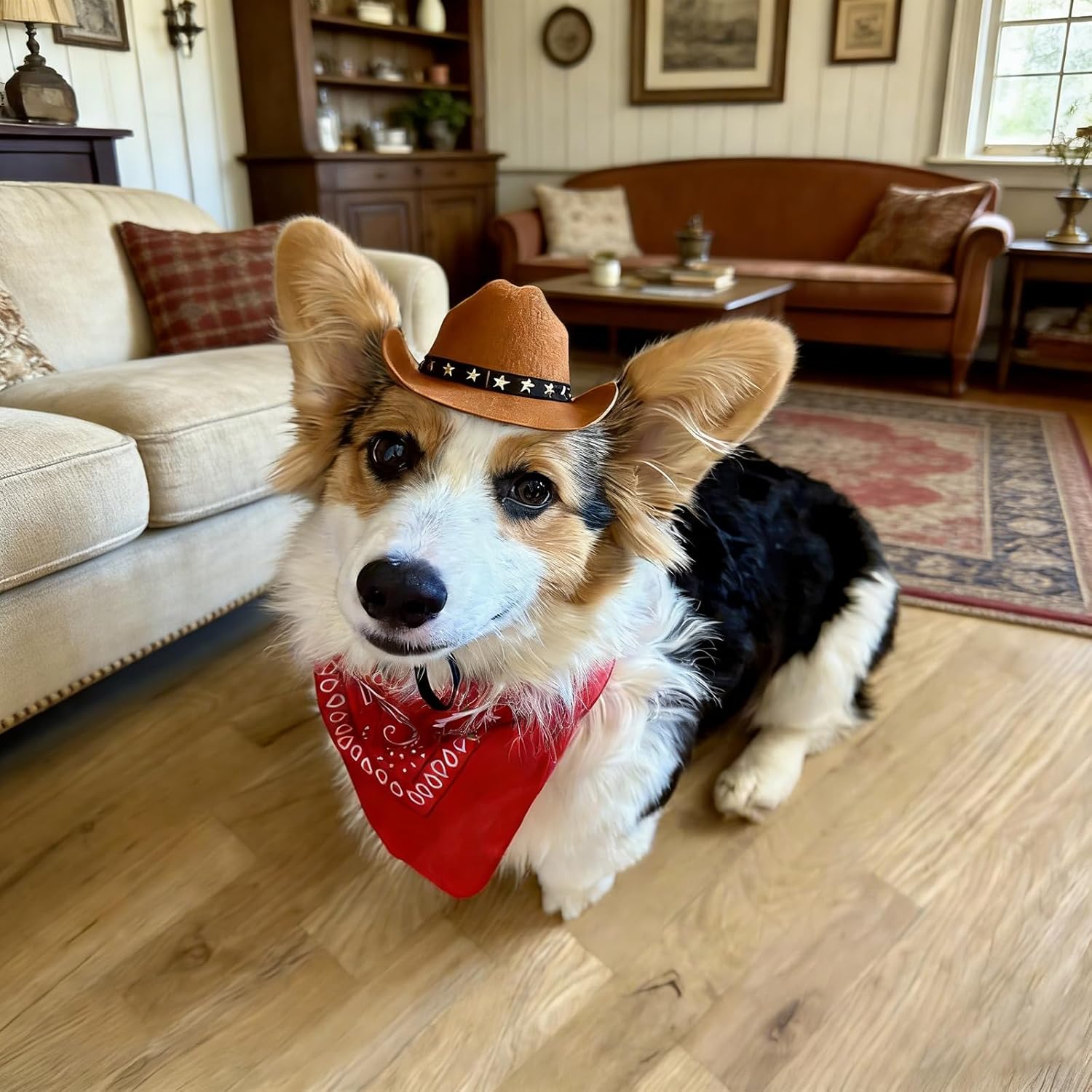 Detalle de Ling & Bai 2Pcs Dog Cowboy Hat Costume Set: Hat and Red Bandana for Pets (Black)