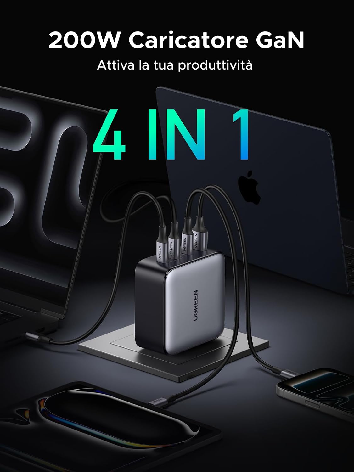 Detalle de UGREEN Nexode 200W caricatore USB-C con GaN 3 porte USB-C + USB-A, PD 3.1 fino a 140W