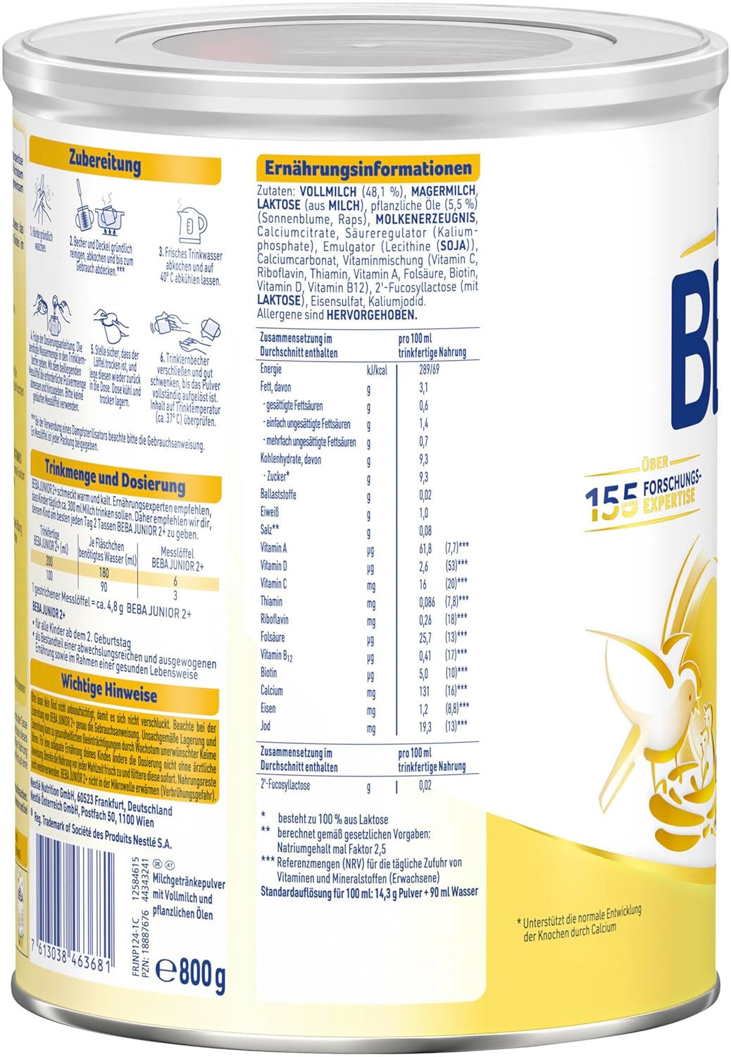 Detalle 2 de BEBA Junior 2+ Milchgetränk ab 2 Jahren – 3 x 800 g mit 2'-FL HMOs, ohne Palmöl
