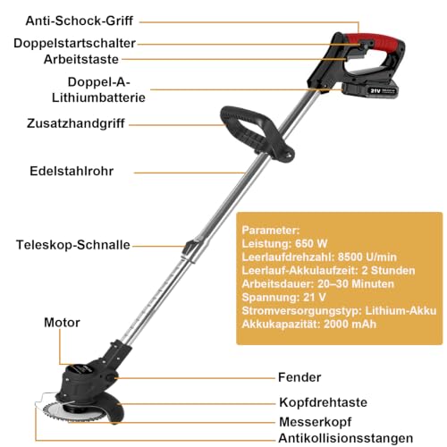 Detalle 2 de SMILOVII 21V Akku Rasentrimmer 3-in-1 Freischneider & Kantenschneider