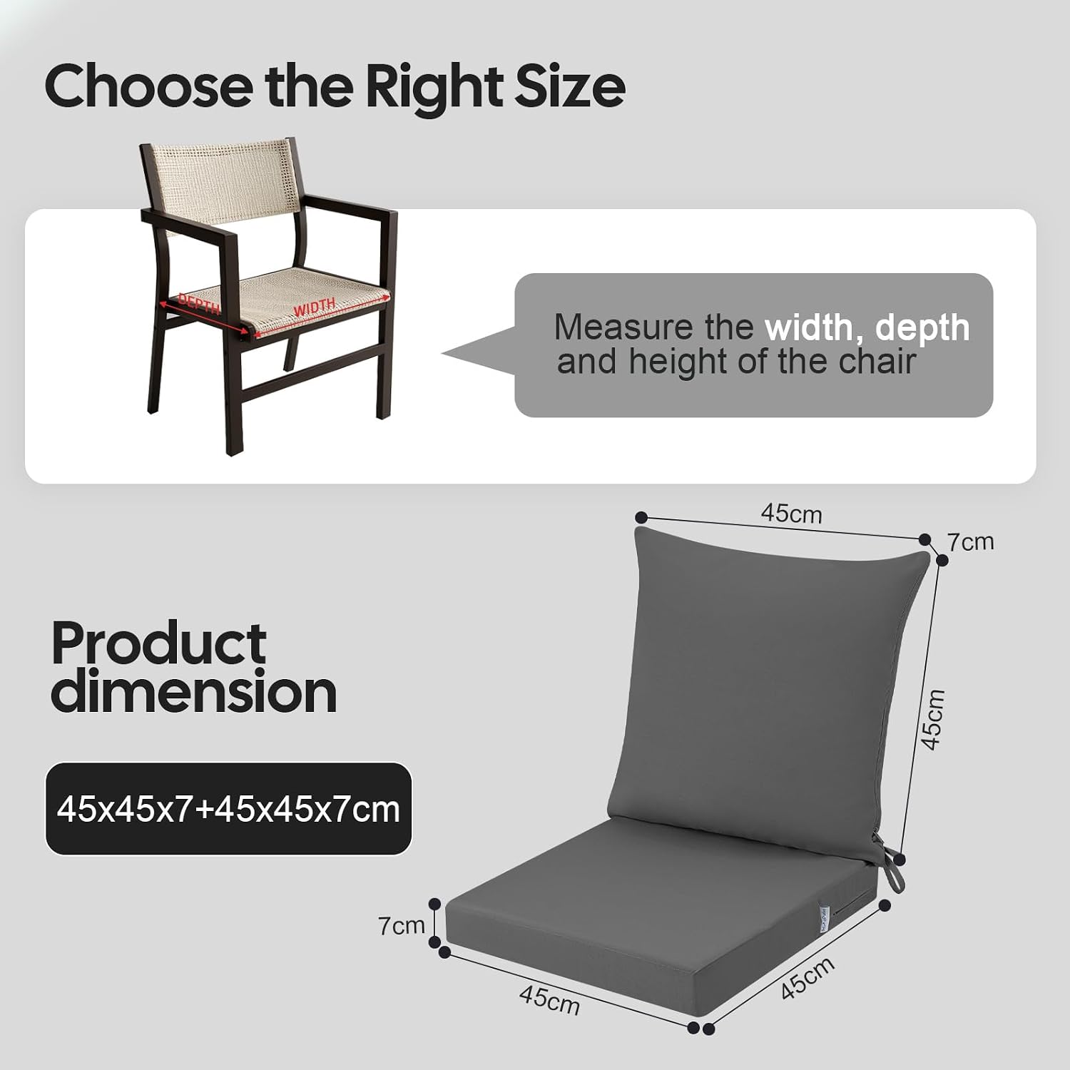 Thumbnail 2 de PRIMEPATIO 45 x 45cm Dark Grey Outdoor Garden Chair Cushion with Backrest (7cm waterproof seat pad)