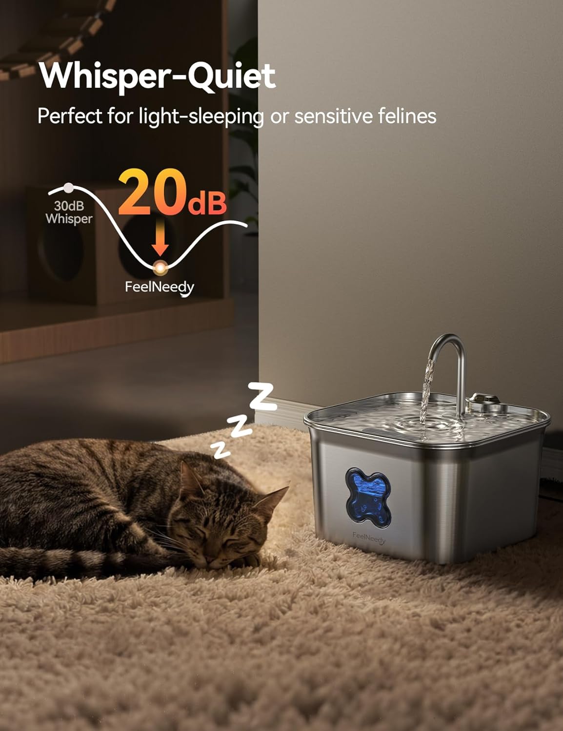 Thumbnail 4 de FEELNEEDY 2.8L Stainless Steel Cat Water Fountain with Visible Water Level & 3 Pack Filters