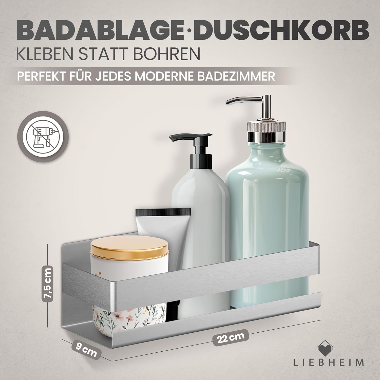 Thumbnail 1 de LIEBHEIM Duschablage ohne Bohren – Badregal & Duschkorb mit Edelstahlablage, Klebemontage und Haken