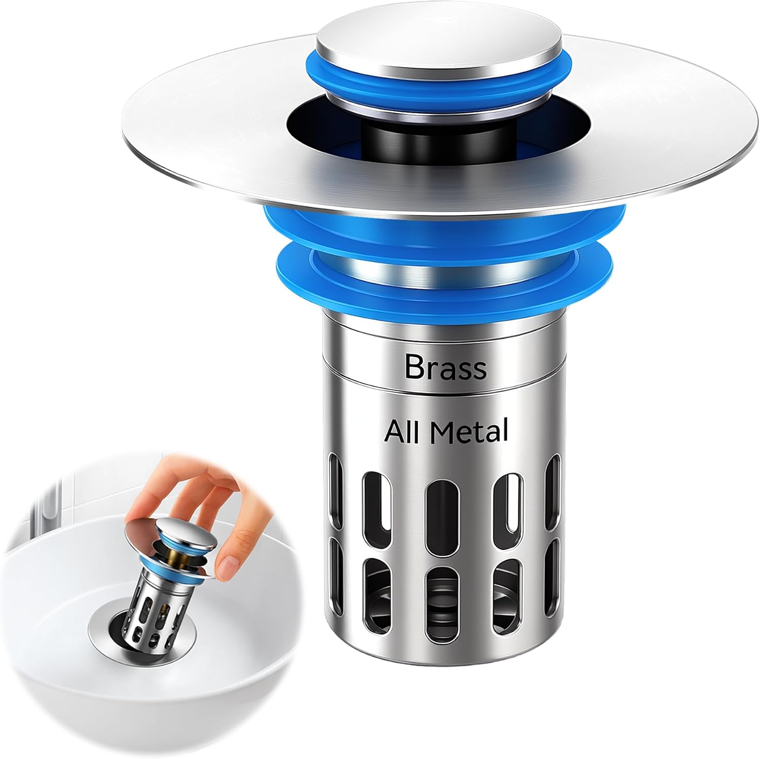 All Metal Bathroom Sink Stopper: Universal Pop Up Drain Strainer with Removable Stainless Filter Basket
