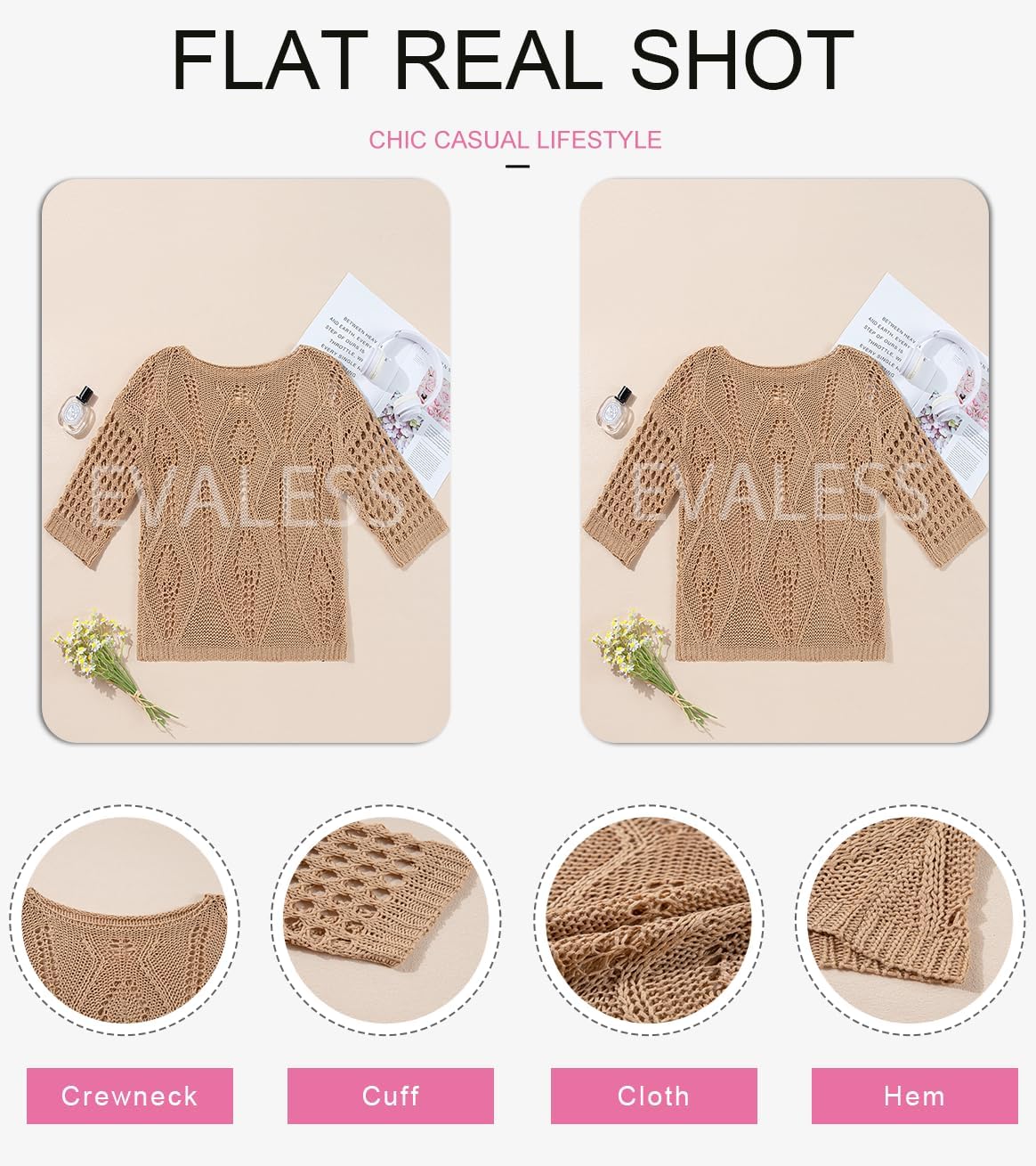Thumbnail 6 de EVALESS Women’s Crochet Hollow Out Knit Top – Off-Shoulder Beach Cover Up, 3/4 Sleeves, Spring/Summer