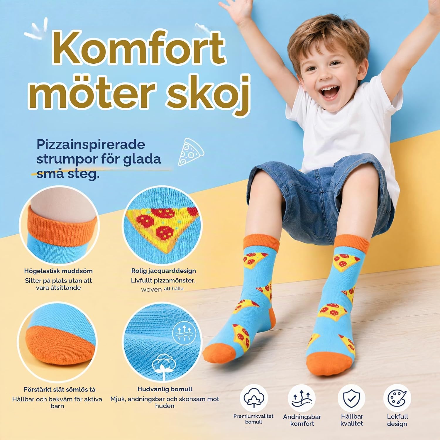 Detalle de BISOUSOX barnstrumpor i bomull med matmotiv, storlek 27–30 och 31–35