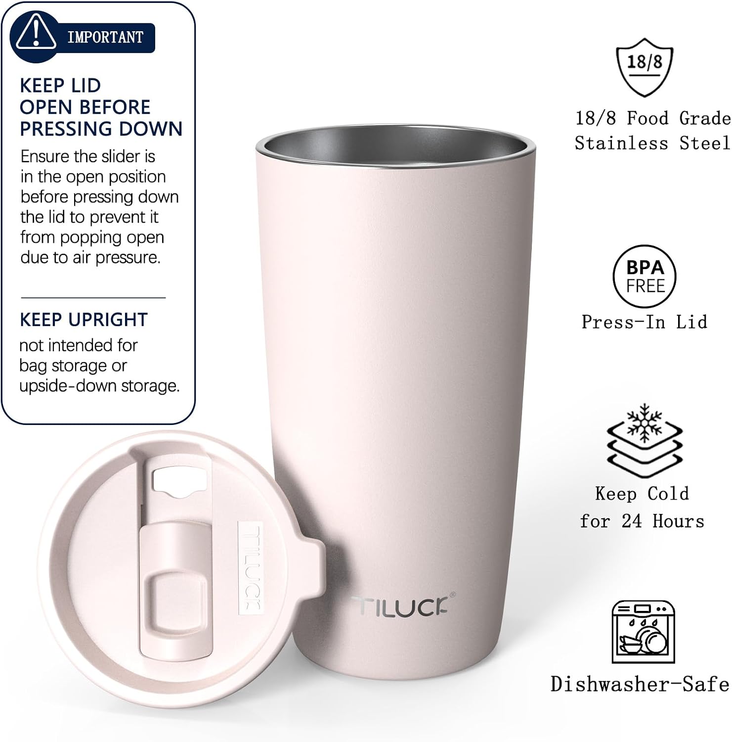 Detalle 2 de TILUCK 20 oz Insulated Tumbler with Press Lid (BPA-Free, Stainless Steel Vacuum Travel Mug)