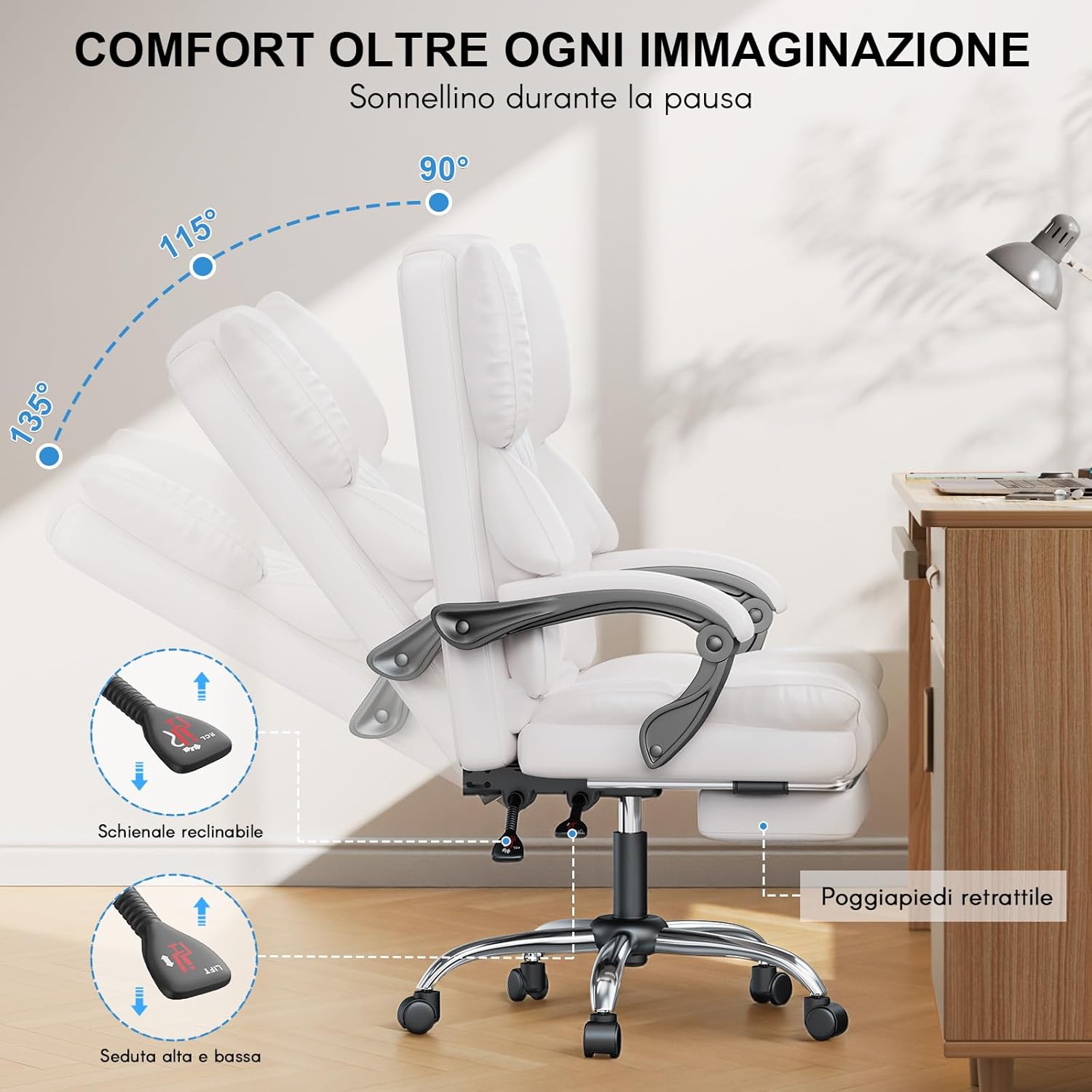 Thumbnail 6 de Sedia da Ufficio Ergonomica con Poggiapiedi e schienale alto in pelle PU di alta qualità – bianco
