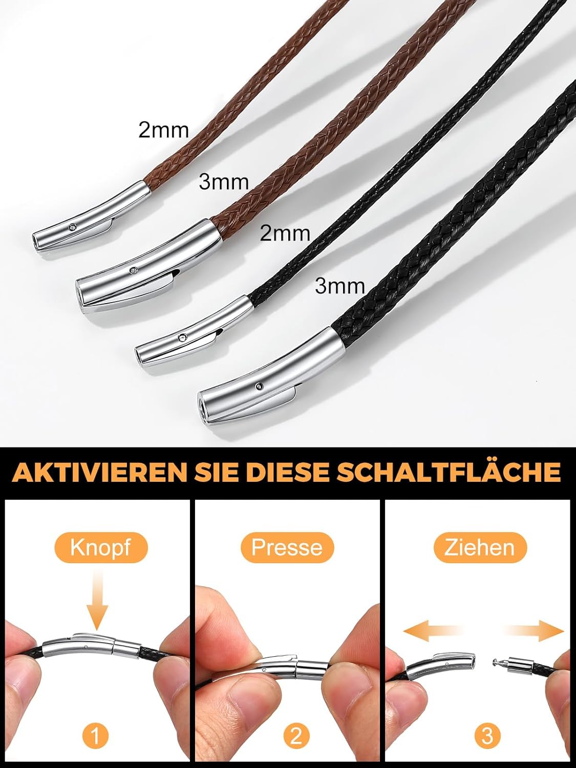 Thumbnail 2 de Richsteel Lederkette Herren | 2/3 mm Breite, Drehverschluss, Schwarz/Braun | 40–76 cm