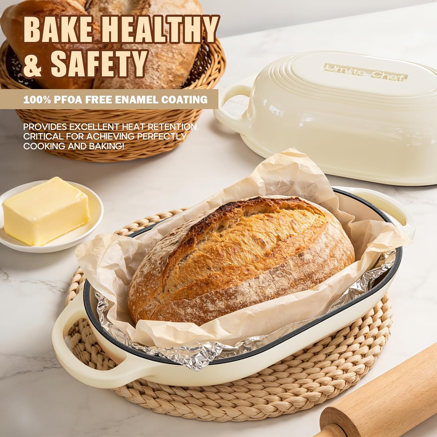 Thumbnail 4 de Enameled Cast Iron Dutch Oven Bread Baking Kit (5QT) with Sourdough Tools, Banneton & Lame (Cream White)