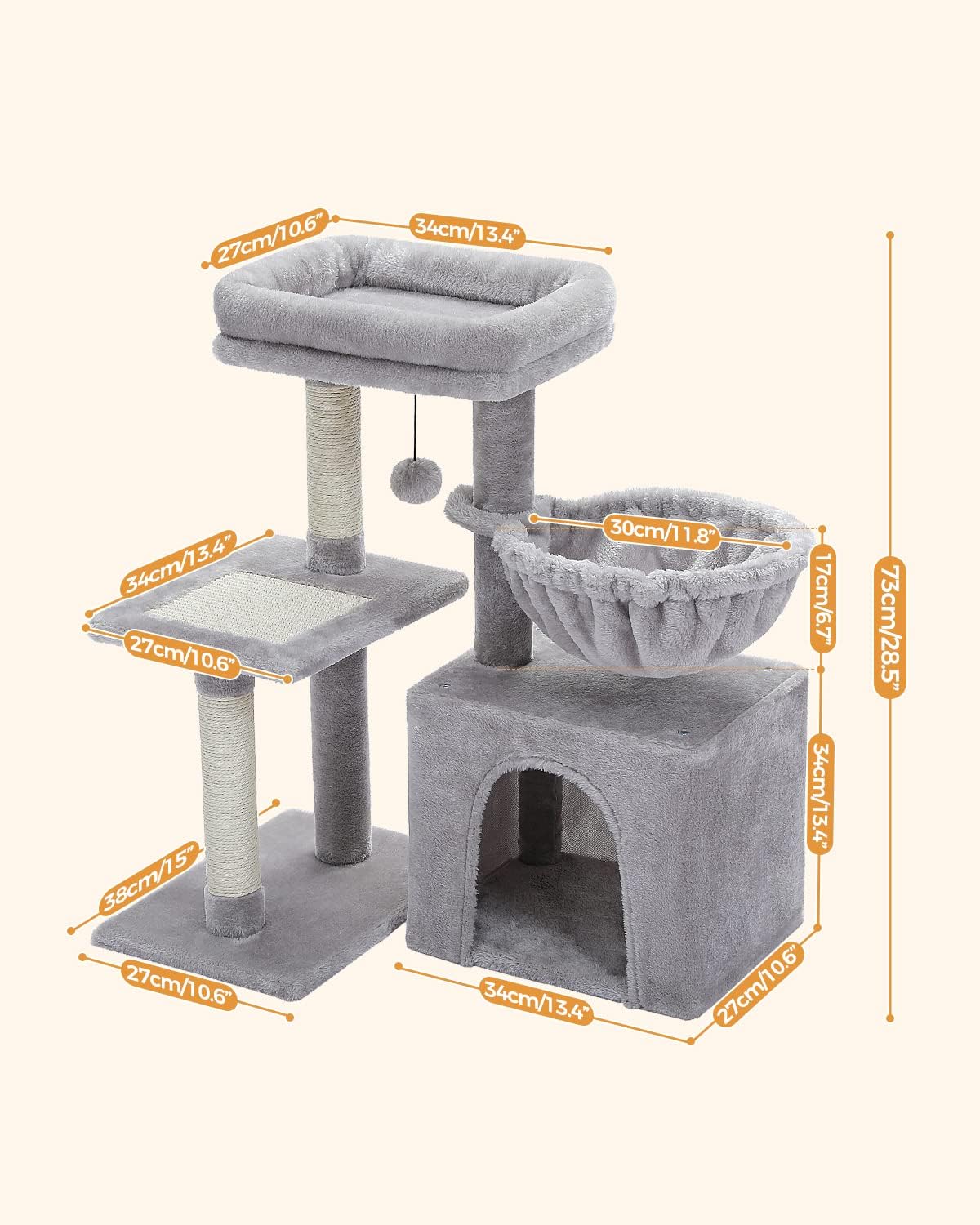 Thumbnail 1 de PAWZ Road Small Cat Tree (73cm) with Hammock & Top Perch, Indoor Activity Tower for Cats, Grey