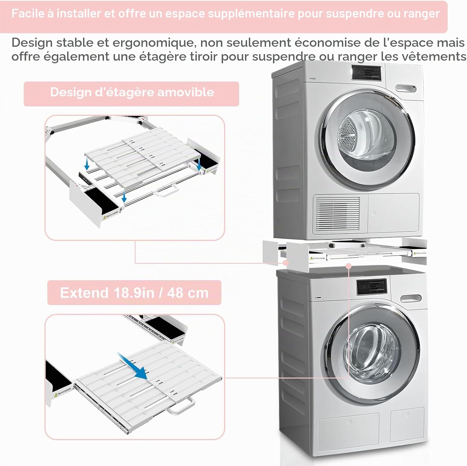 Detalle de NIUXX Cadre Intermédiaire pour Laver avec Étagère — Kit d’empilage universel et confortable