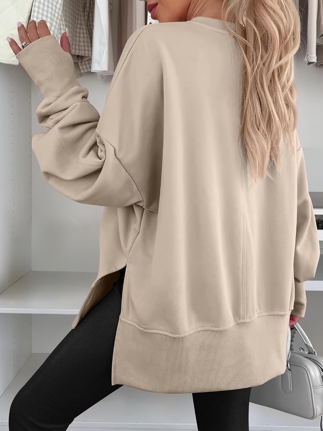 Detalle 2 de ANRABESS Oversized Fleece-Lined Sweatshirt with Thumbhole and Side Slits