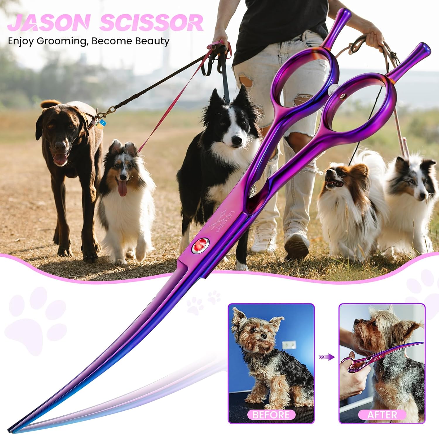 Detalle de Ciseaux professionnels courbes JASON 7,5" pour chiens et chats – violet