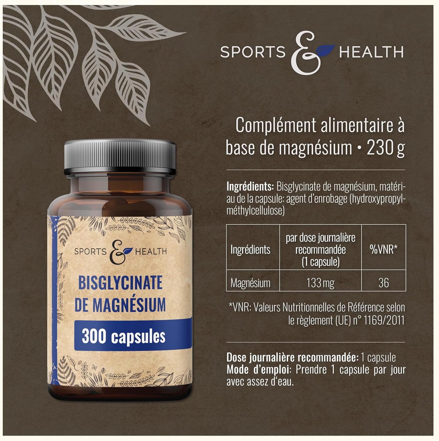 Detalle de Magnésium Bisglycinate Gélules – 300 Gélules hautement dosées, 400 mg par portion – Végan – production HACCP en Allemagne