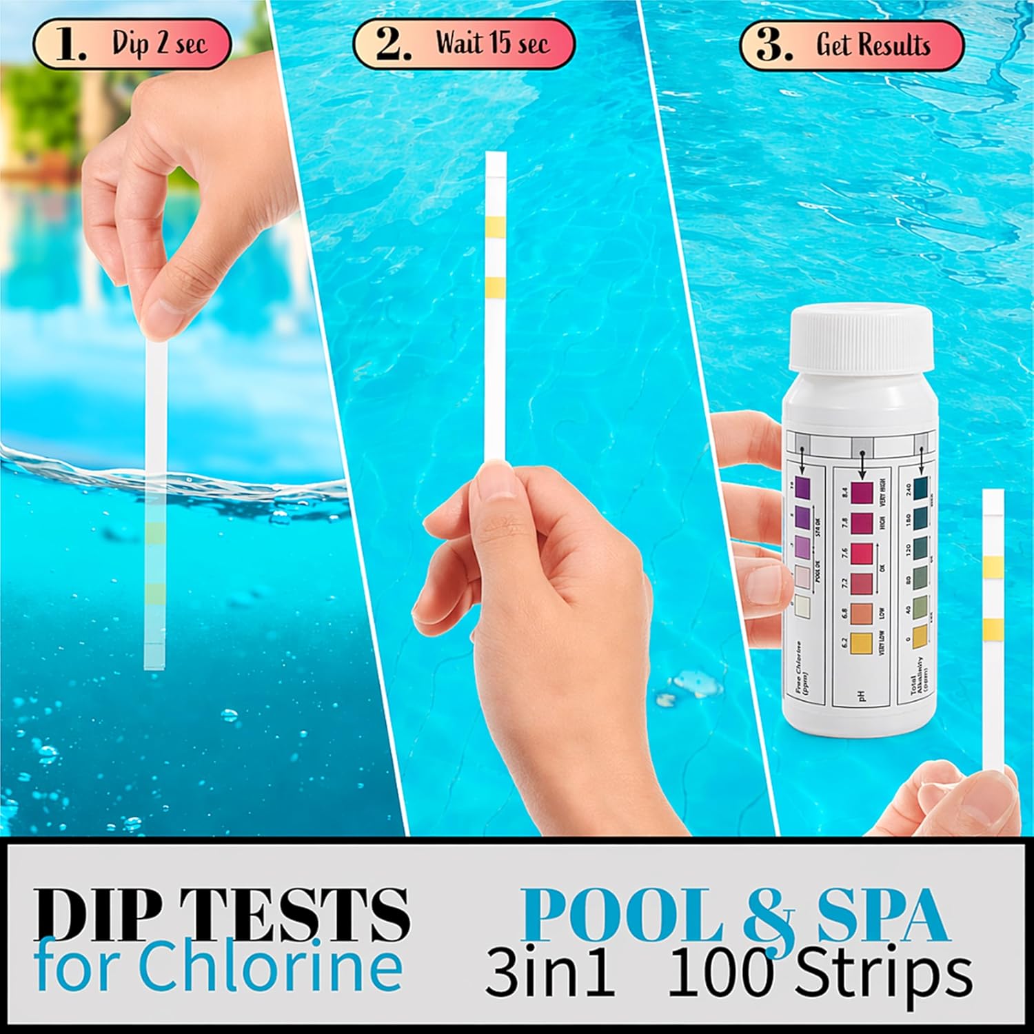Detalle de PristiClear Chlorine Pool Test Strips — 100 Tests for Chlorine, pH & Alkalinity