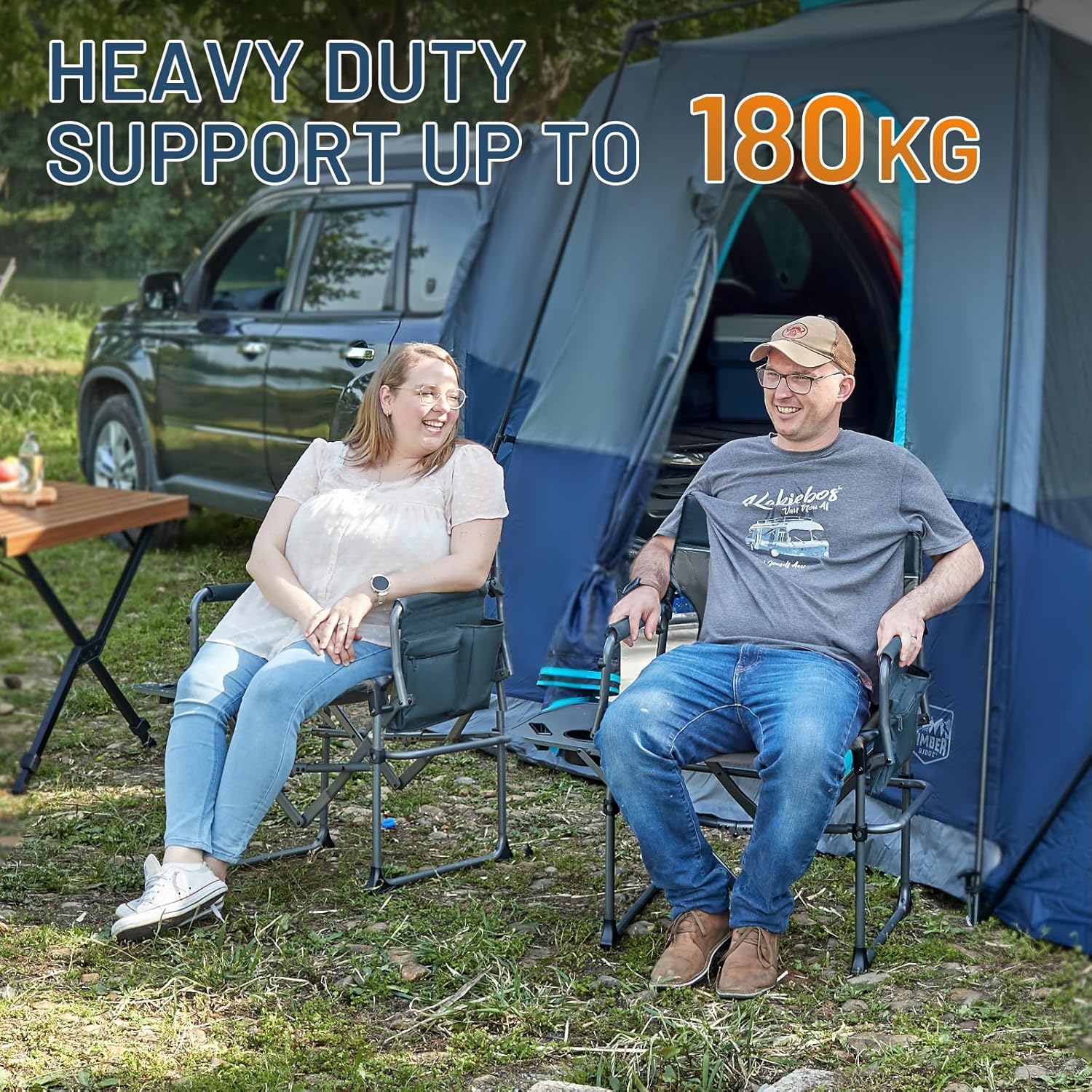 Thumbnail 4 de TIMBER RIDGE Folding Camping Chair for Adults (180kg) with Side Table & Cup Holder – Blue, 2 pcs