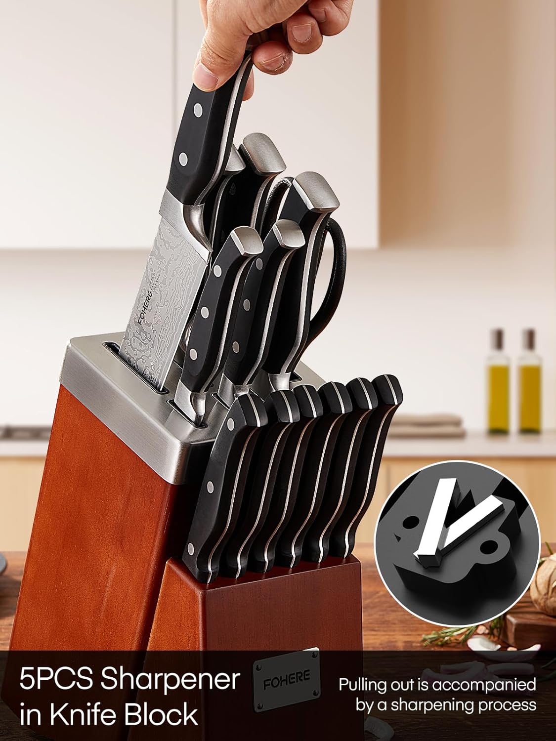 Detalle 2 de FOHERE Juego de Cuchillos de Cocina auto-afilables 14 pzs 🔪