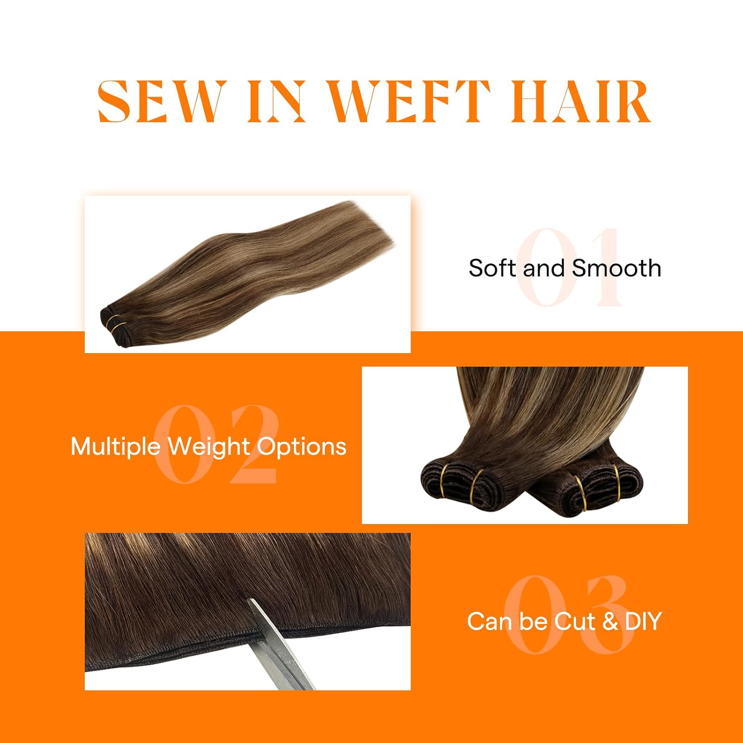 Detalle de Sunny Hair Sew In Hair Extensions Real Human Hair – 120g Balayage Hand-Tied Weft, Dark Brown to Caramel Blonde, 20 Inch