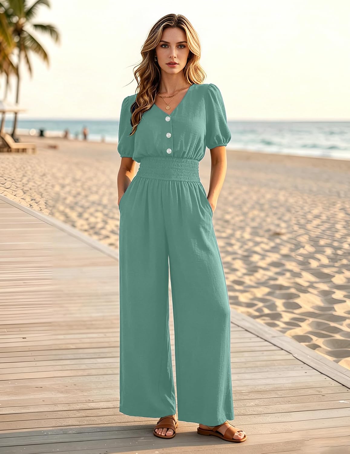 Thumbnail 3 de LOOKBOHO Womens Jumpsuits: Short Sleeve V-Neck Wide Leg Romper for Summer 2026