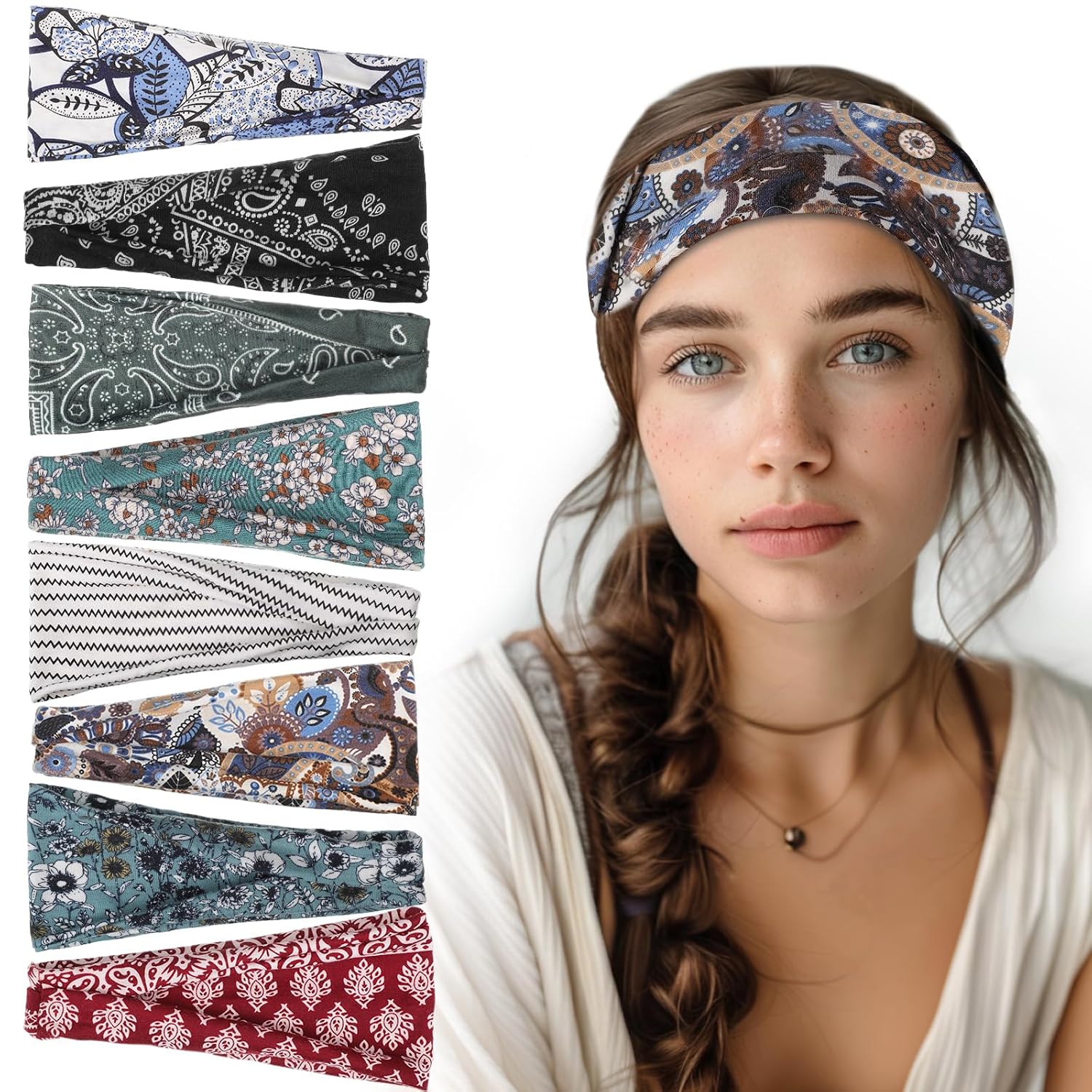 Detalle de obeoby 8-Pack Boho Knotted Headbands for Women (Non-Slip, Adjustable)