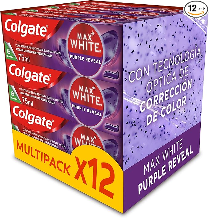 Detalle de Colgate Max White Purple Reveal Pasta Blanqueadora, 12 uds 🦷