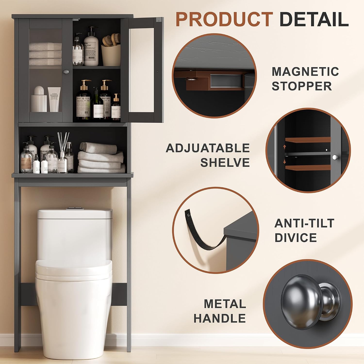 Detalle de Shintenchi Over-the-Toilet Storage Cabinet, Grey, Adjustable Shelf and Glass Door