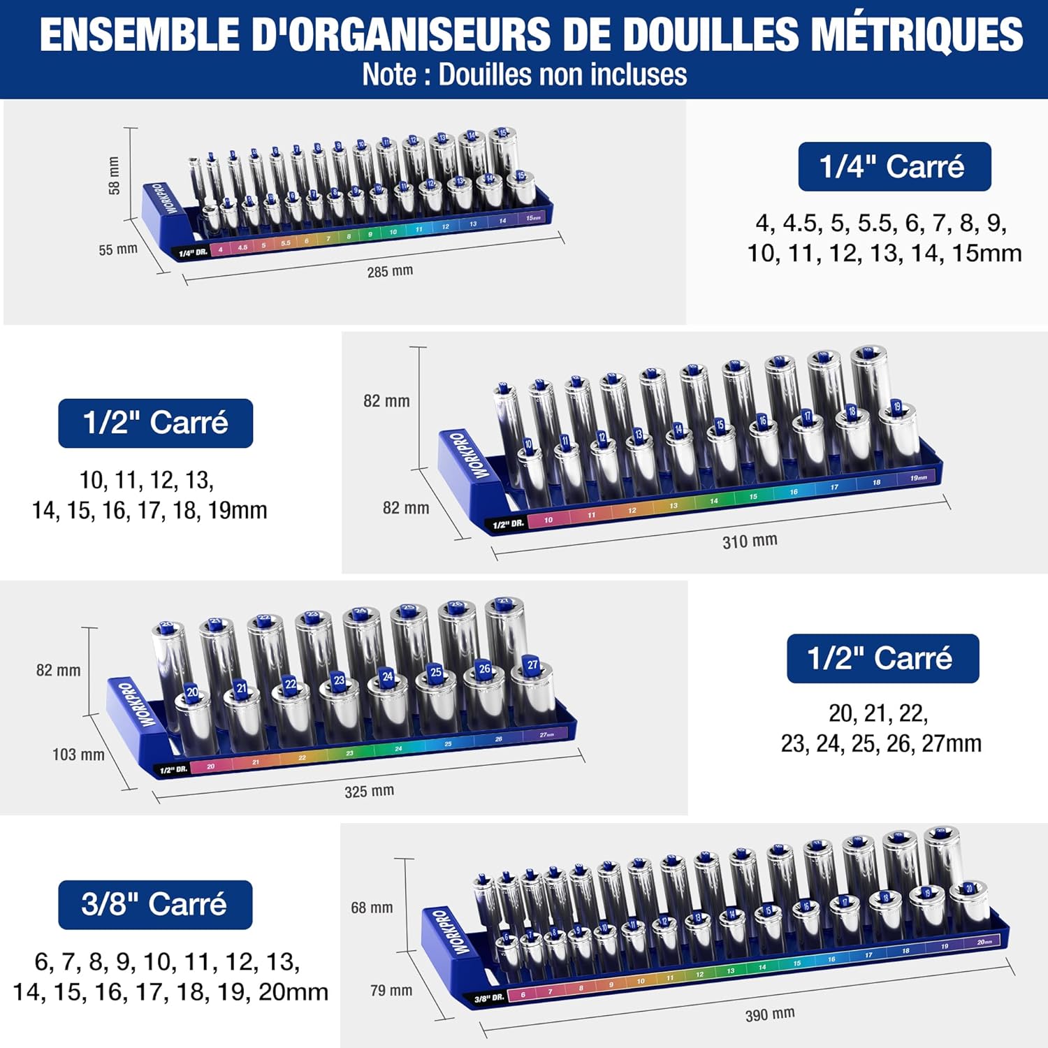 Detalle 2 de WORKPRO Kit d'organisateur de douilles 4 pièces ⚙