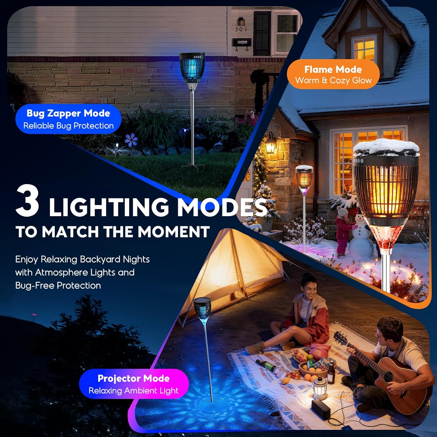 Thumbnail 1 de Solar Bug Zapper Outdoor: 4200V 3-in-1 Mosquito Zapper with Flame Light, RGB Projector, and Solar/USB Power