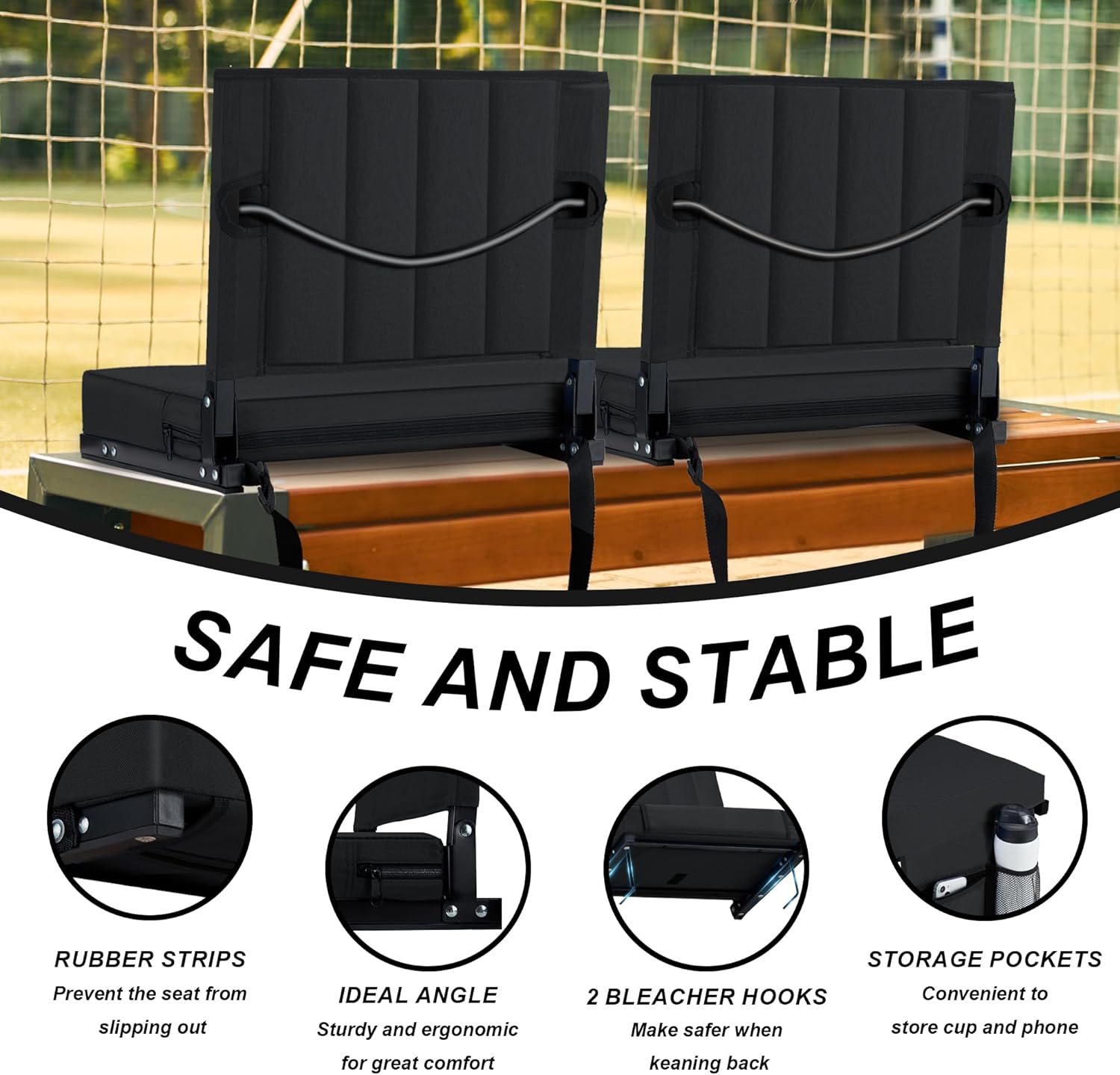 Thumbnail 3 de Aliphon Stadium Seat for Bleachers (2-Pack) with Back Support, Cushion, Cup Holder & Shoulder Strap, Black