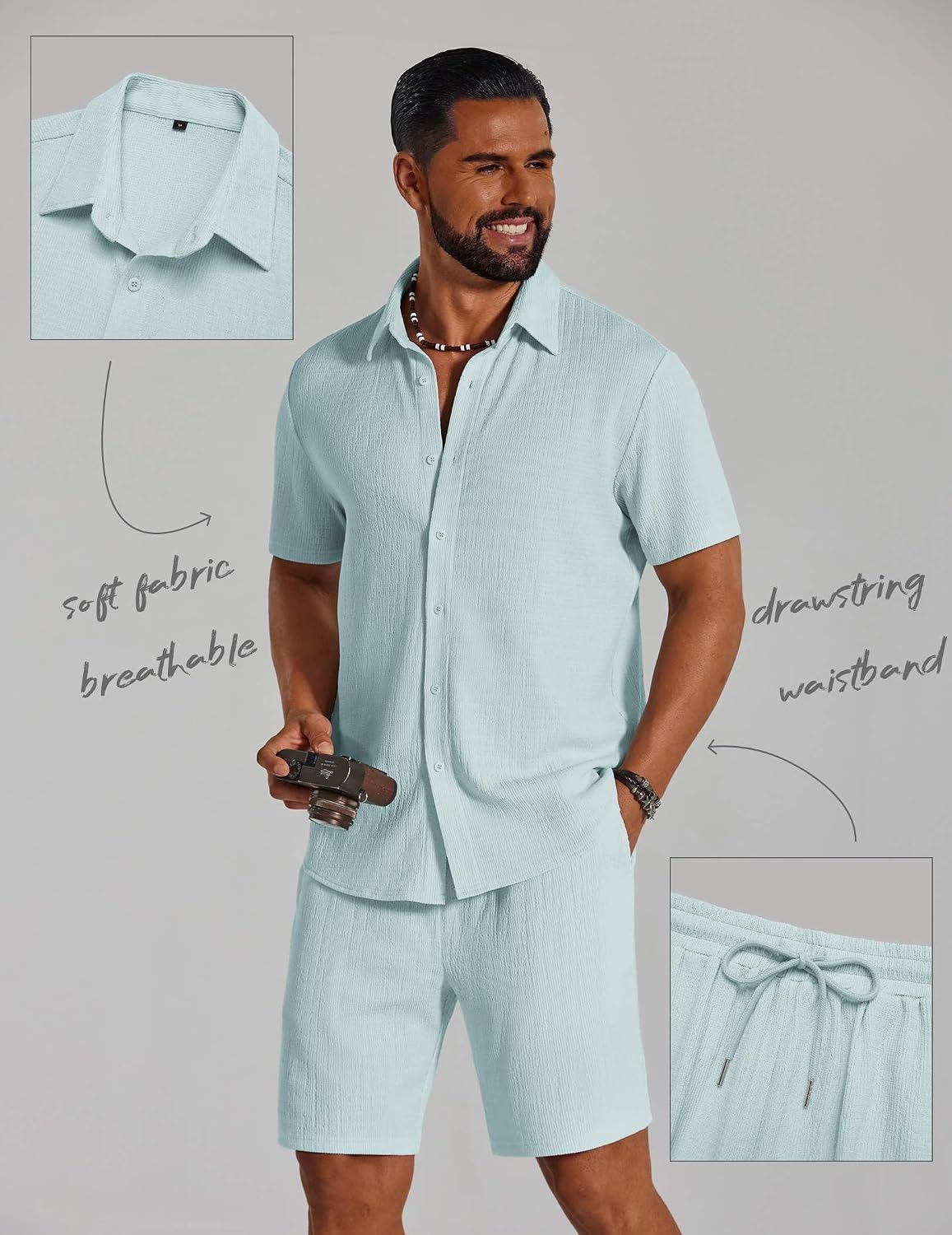 Thumbnail 6 de COOFANDY Men’s 2-Piece Shirt and Beach Shorts Set, Lightweight Textured Fabric