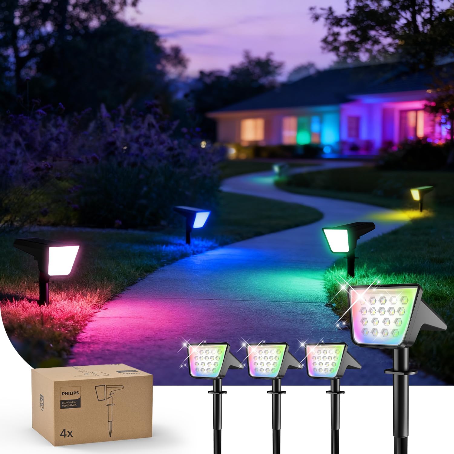 Detalle de Philips 4er-Set Solarstrahler für Außen – 18 LEDs RGBW, Dämmerung bis Morgendämmerung, wasserdicht, 9 Beleuchtungsmodi