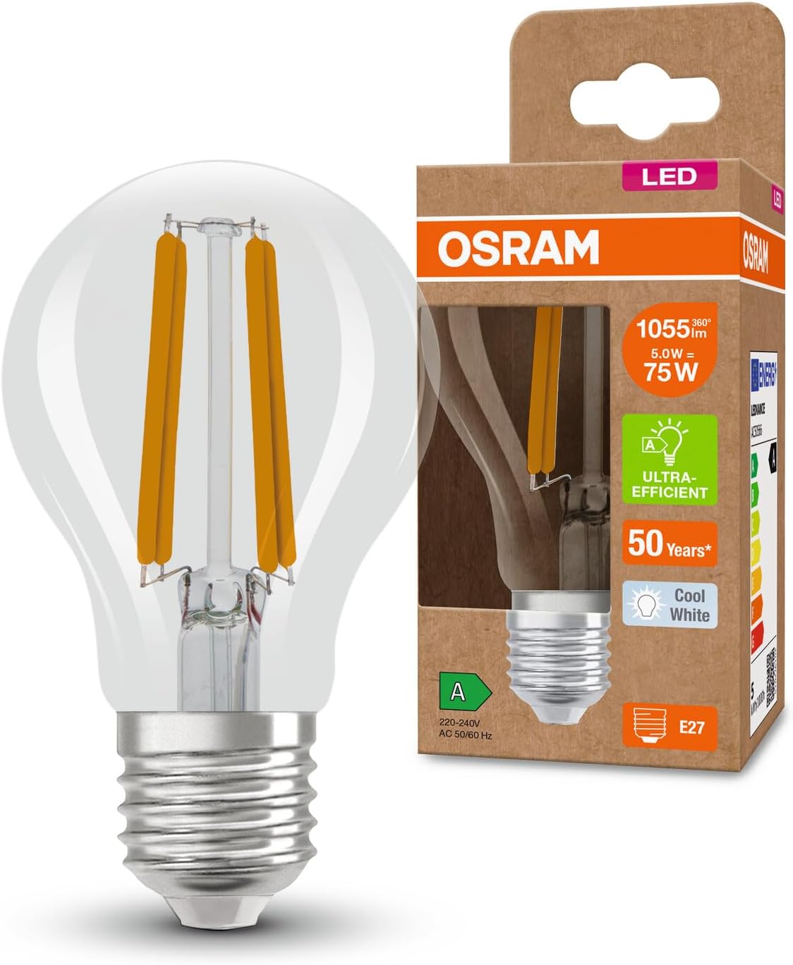 Detalle de Osram Lampes LED très efficaces – Pack 5 ampoules E27, 4 W, blanc chaud, remplacement 100 W (verre filament)