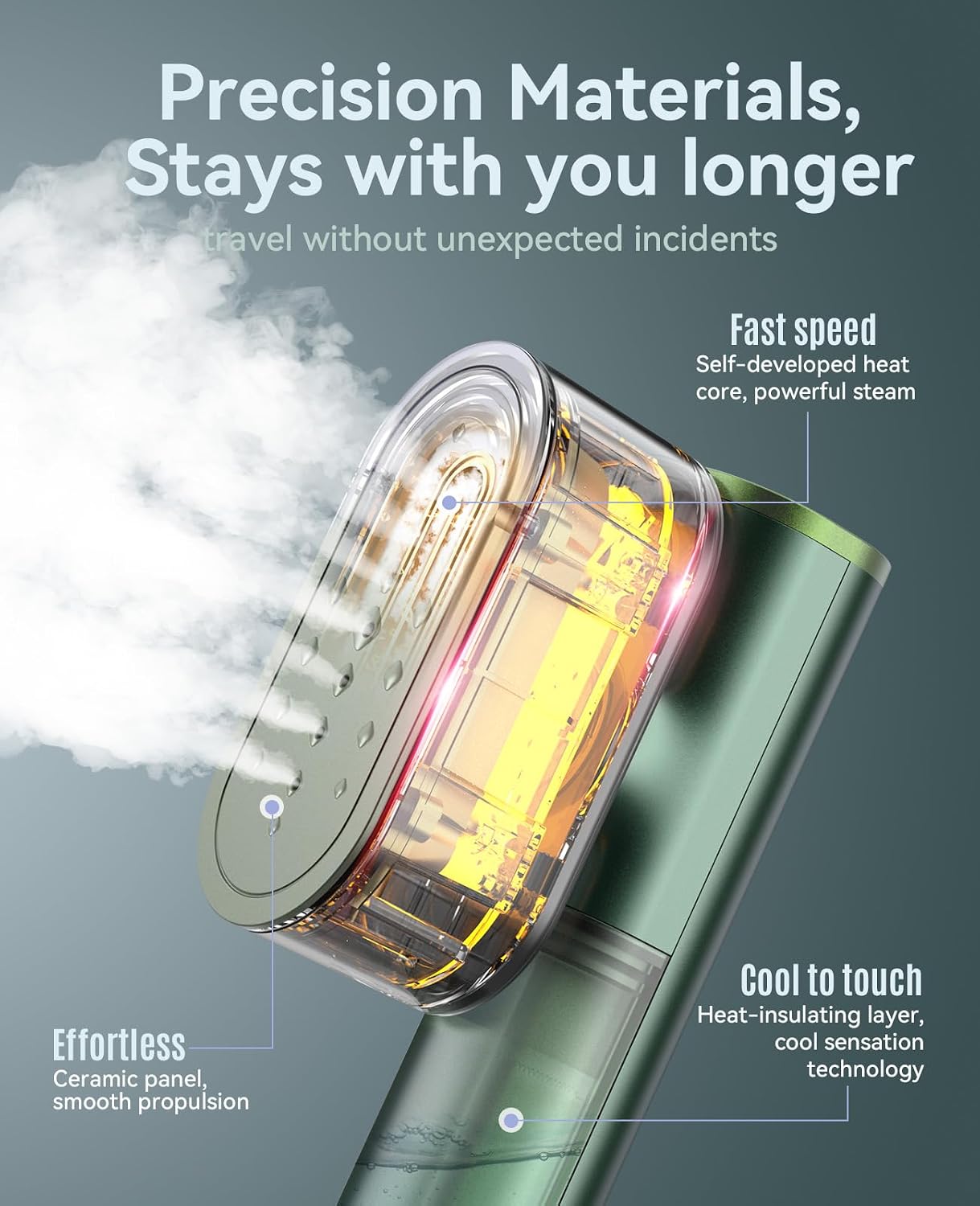 Detalle de Jack & Rose dual-voltage travel clothes steamer (100–240V) with 15s heat-up and 2-in-1 dry/wet ironing