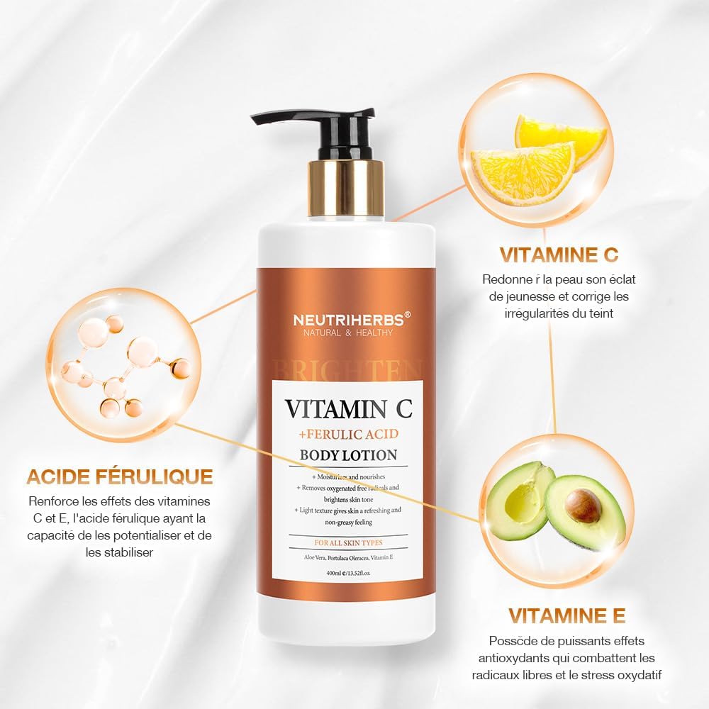 Detalle de Neutriherbs Lotion corporelle pour femme – Hydrate et nourrit la peau sèche avec vitamine C (13,52 Fl Oz)