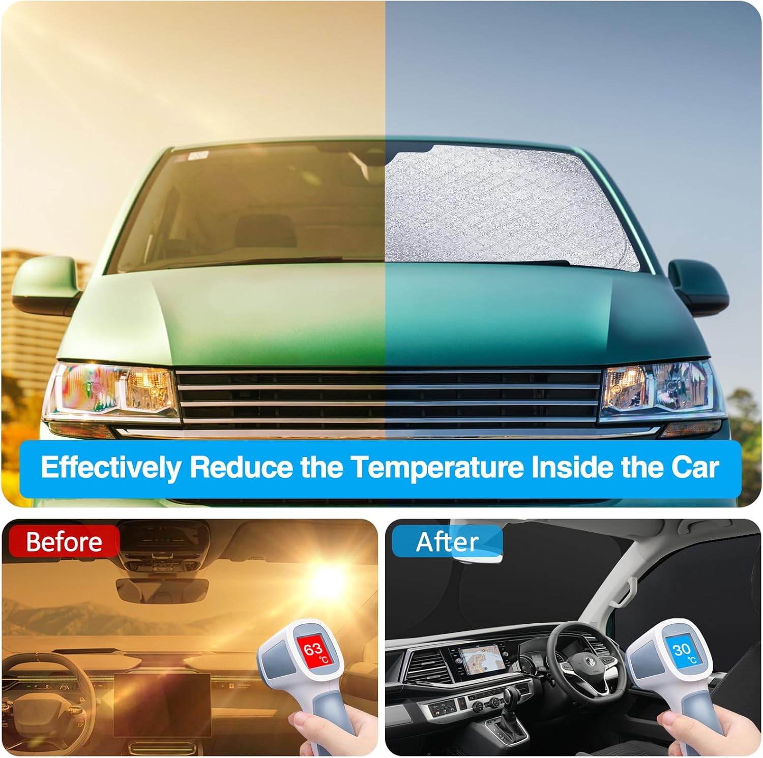 Thumbnail 3 de ZATOOTO 3-Piece Car Windscreen Sun Shade for VW T5 T6 (Internal Foldable Cover)