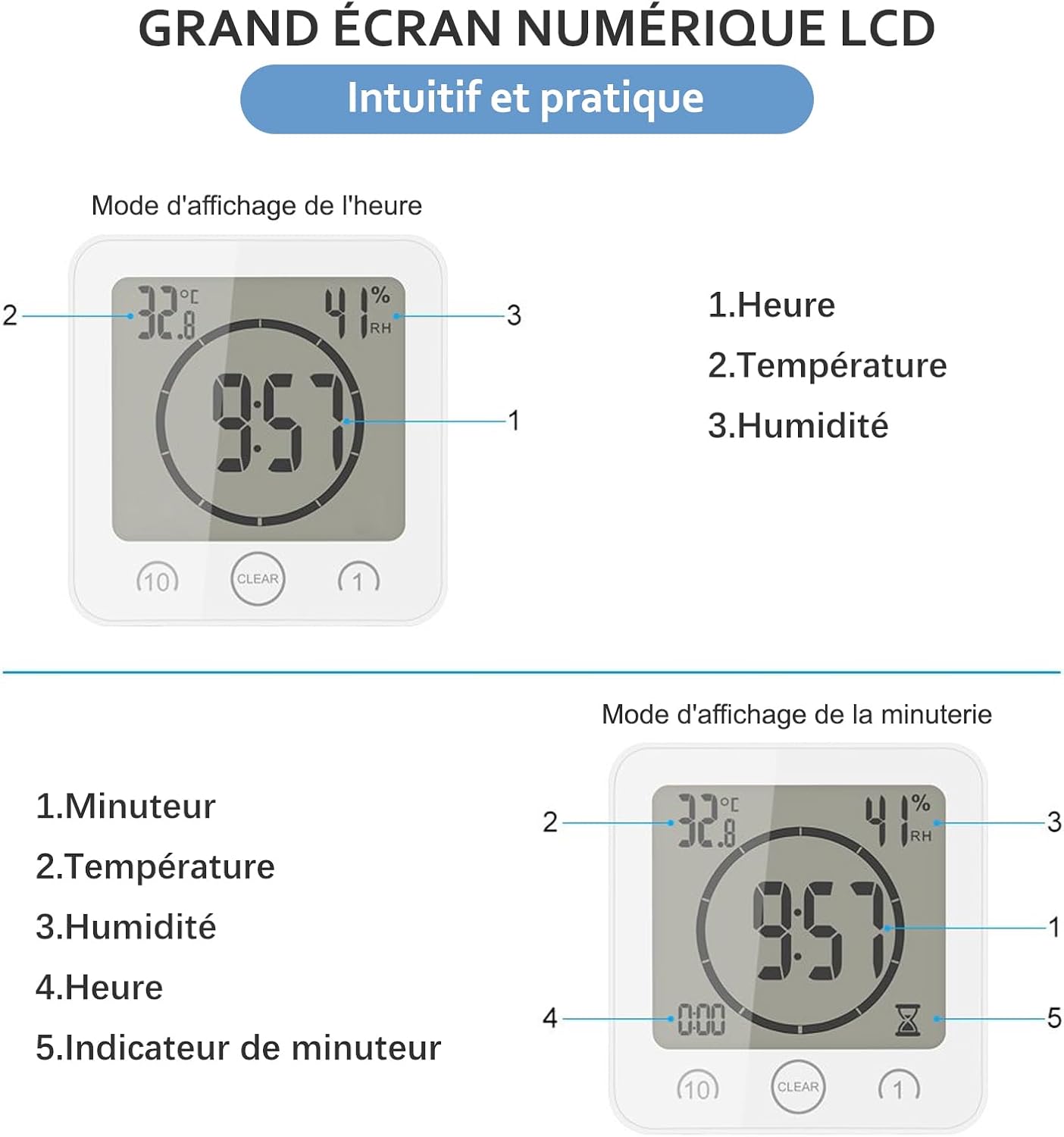 Thumbnail 3 de VORRINC horloge de salle de bain numérique à ventouse avec LCD, température et humidité
