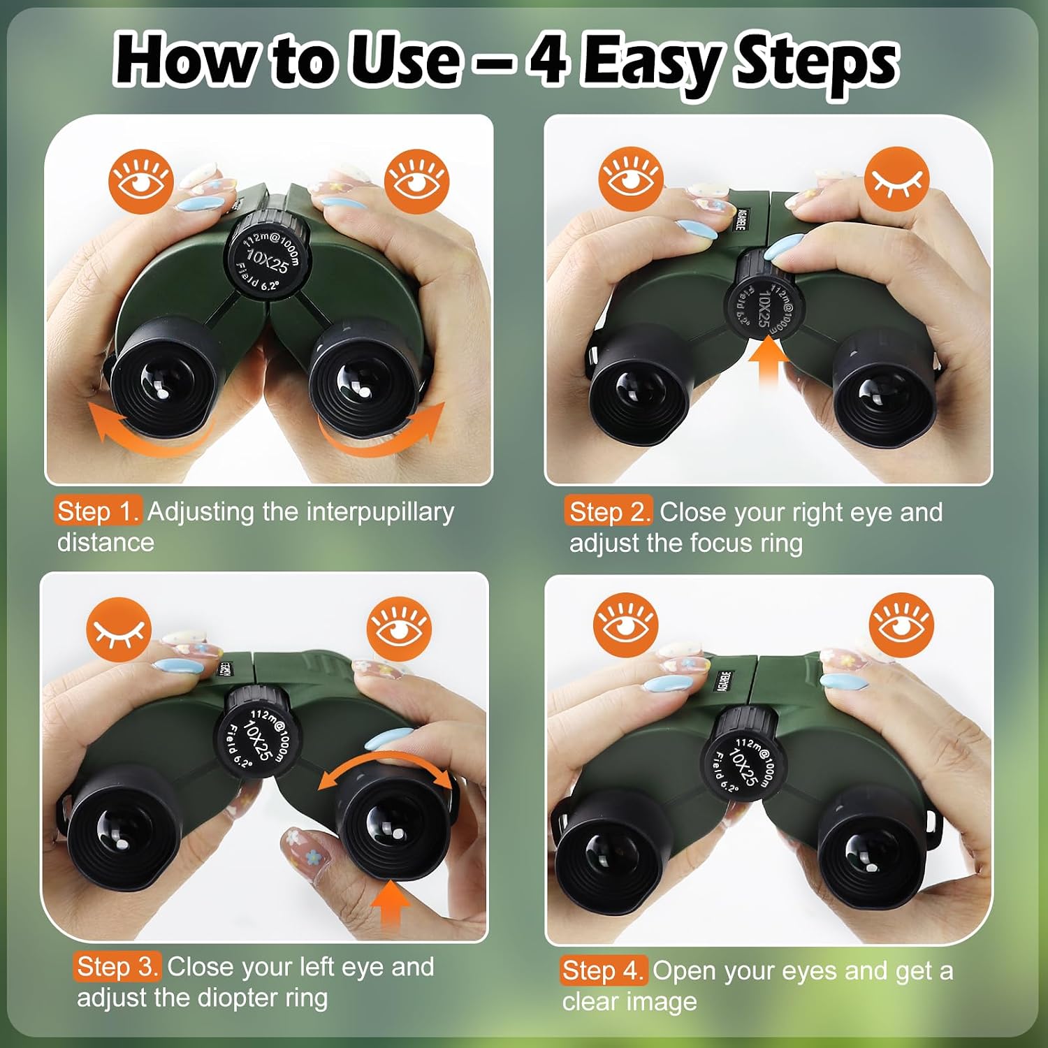 Detalle 2 de Binoculars for Adults and Kids: 10x25 Compact Binoculars for Bird Watching, Theatre, Concerts, and More (Green)