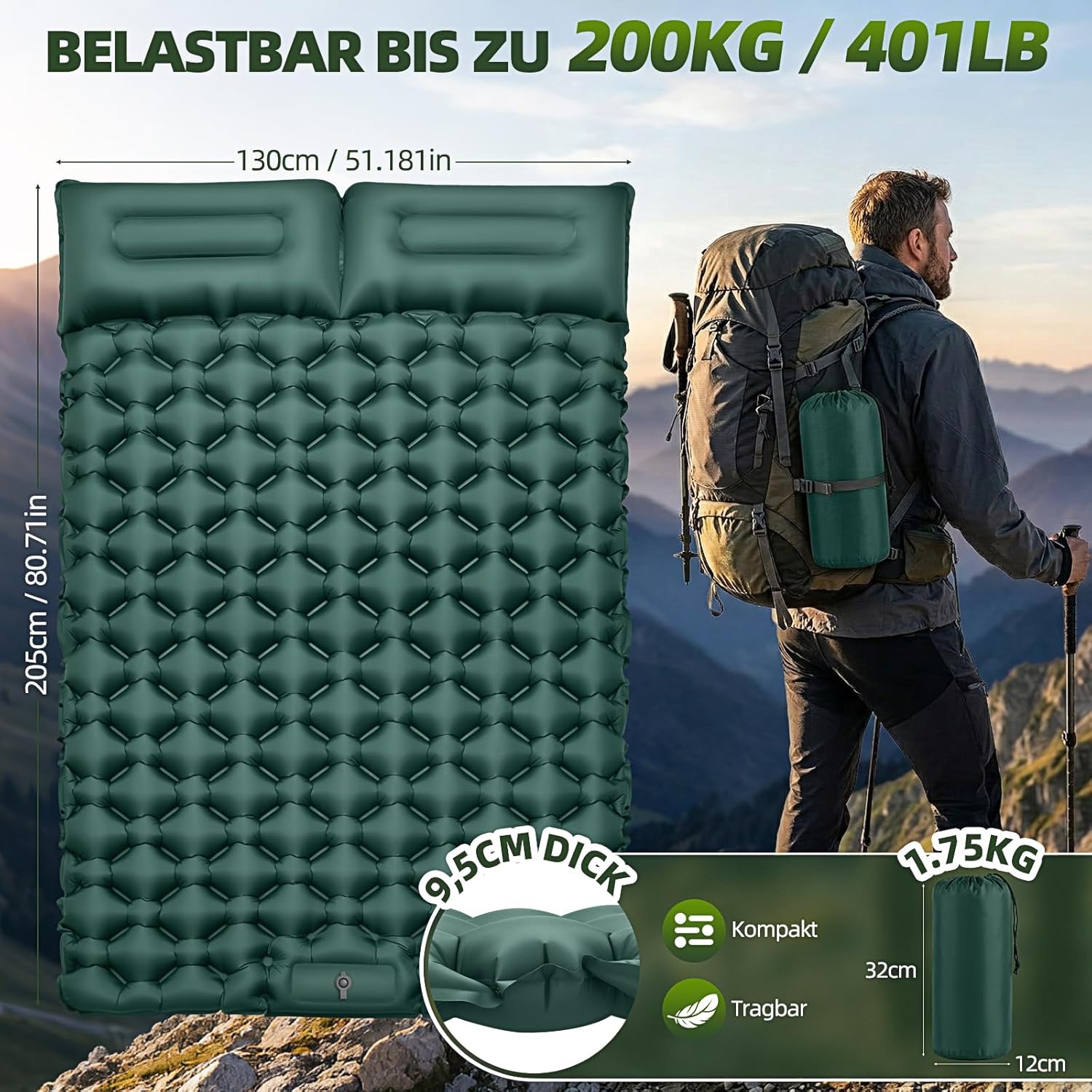 Detalle de FORRINX Isomatte Camping 2 Personen – 9,5 cm Dicke, integrierte Fußpumpe, 205 × 130 cm